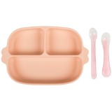 Cumpara ieftin Set hranire bebe din silicon, 1 farfurie compartimentata cu ventuza, 2 lingurite marimi diferite, fara BPA, roz somon, KidsCare for Your BabyKids