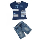 Compleu Copii Vara: Tricou Albastru Imprimeu Games + Blugi Scurti - Bumbac, 1-5 Ani