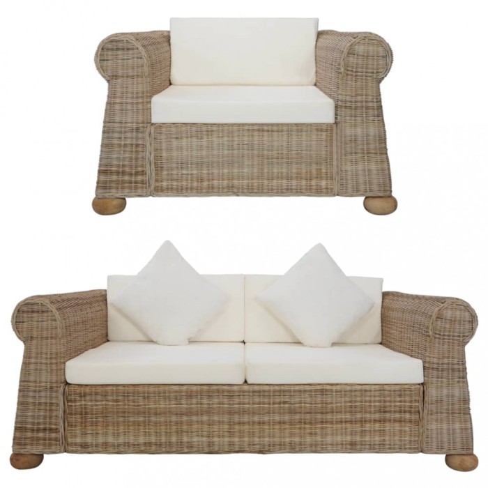 vidaXL Set de canapele cu perne, 2 piese, ratan natural