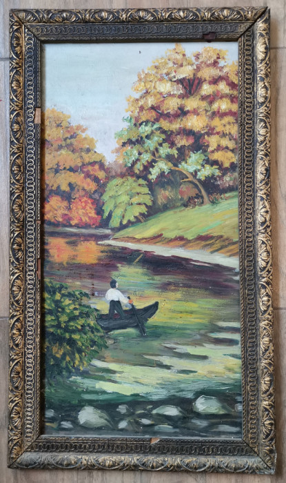 Tablou vechi Peisaj cu pescar pictura ulei pe placaj &icirc;nrămat 82x46cm