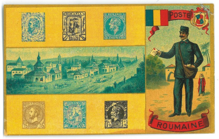 3157 - King CAROL I, stamps, Postman, Flag, Romania - old postcard - unused