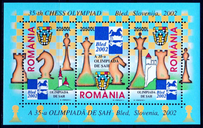 ✅ RO 2002 LP 1595 &quot;A 35-a Olimpiada Sah Slovenia&quot; -bloc triptic , colita 324 , MNH
