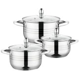 Set 6 piese FOXMAG24, 3 vase din inox, compatibile cu plita cu inductie, cu capace din sticla