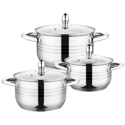 Set 6 piese FOXMAG24, 3 vase din inox, compatibile cu plita cu inductie, cu capace din sticla foto
