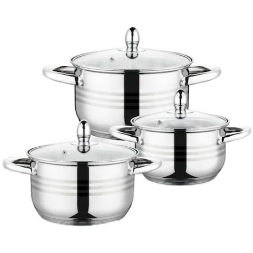 Set 6 piese FOXMAG24, 3 vase din inox, compatibile cu plita cu inductie, cu capace din sticla