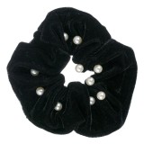 Elastic pentru păr catifelat, negru cu mărgele albe, CMCLASS