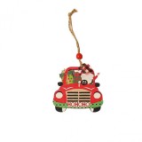 Decoratiune de craciun din lemn, flippy, cu snur pentru agatare in brad, model masina lui mos craciun, scris hohoho, 8x8x0.4 cm, multicolor