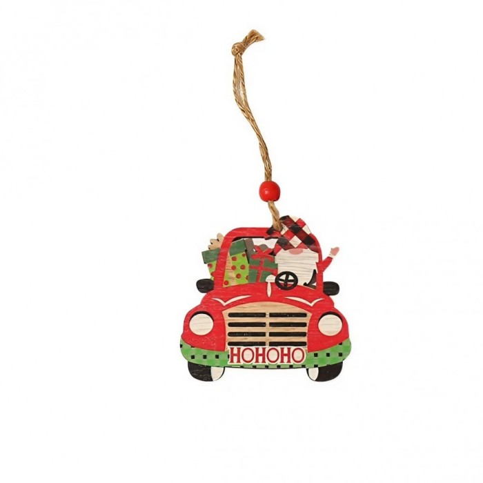 Decoratiune de craciun din lemn, flippy, cu snur pentru agatare in brad, model masina lui mos craciun, scris hohoho, 8x8x0.4 cm, multicolor