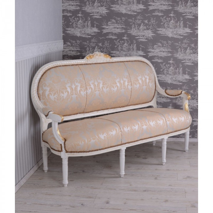 Sofa Madame Pompadour din lemn masiv grej cu tapiterie cu flori CAT362D27