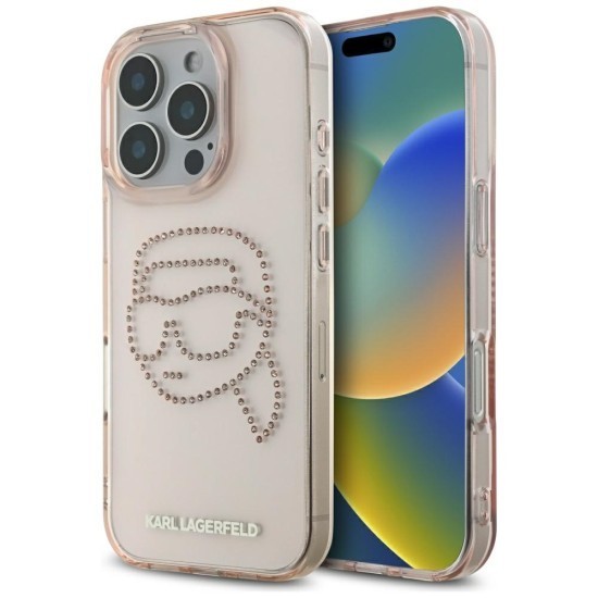 Husa pentru iPhone 16 Pro - Karl Lagerfeld IML Rhinestones (KLHCP16LHKHDCELP) - Pink Karl Head