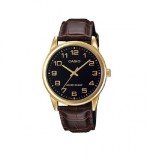 Casio Timeless LTP-V001GL-1BUDF Ceas Damă Quartz Cadran Negru Carcasă Aurie Curea Maro din Piele
