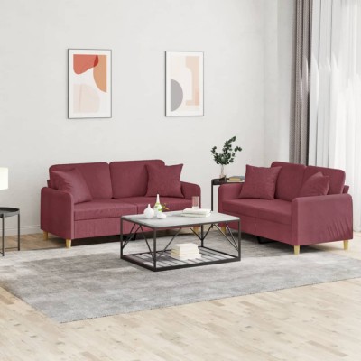 vidaXL Set canapea cu perne, 2 piese, roșu vin, material textil foto