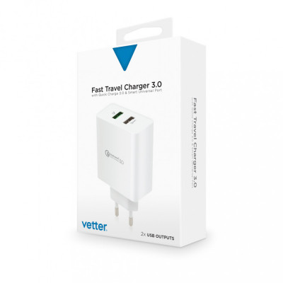 Incarcator de Retea Vetter Fast Travel Charger, Quick Charge 3.0, Smart Port, White foto