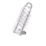 Manșon A-TOYS Fril, cu mini vibrator, pentru extensia și &icirc;ngroșarea penisului, texturat, cu striații, transparent, 13.4 cm