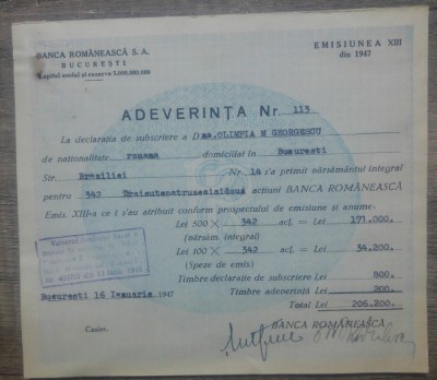 Adeverinta Banca Romaneasca S.A. Bucuresti 1947 foto