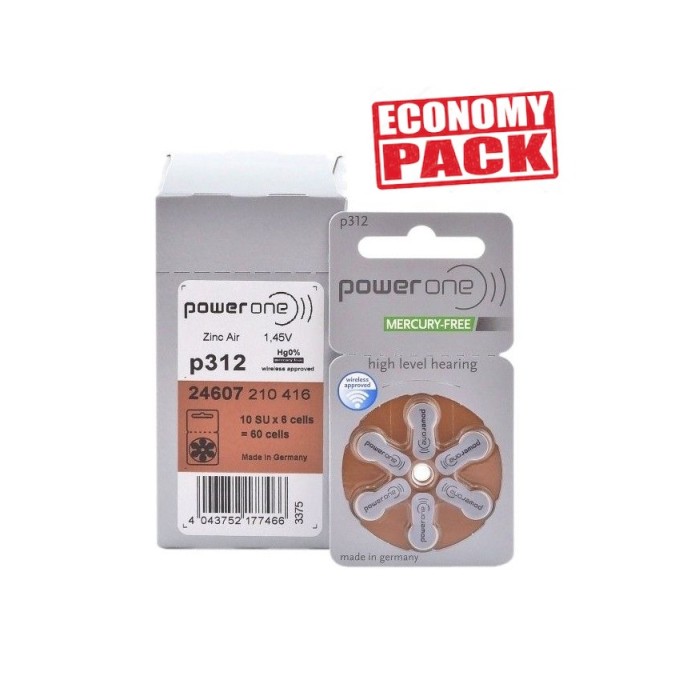 Baterii PowerOne 312 pentru aparate auditive Economy Pack 60 baterii Baterii PowerOne 312 pentru aparate auditive Economy Pack 60 baterii