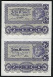 AUSTRIA LOT / SET ( 2 buc ) 2 x 10 COROANE / KRONEN 1922 Serii Consecutive , P-75 , a UNC / UNC , aproape necirculate