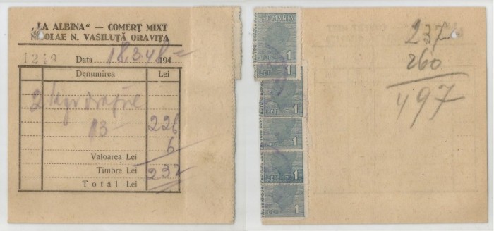Romania, &quot;La Albina&quot; - Comert Mixt Nicolae A. Vasiluta (I), Oravita, 1948