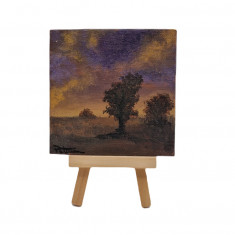Pictura pe panza si sevalet din lemn, Copaci la apus, 10 x 10 cm