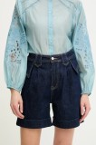 Answear Lab pantaloni scurti jeans femei, culoarea albastru marin, neted, high waist