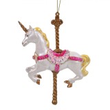 Ornament Brad Crăciun, Cal Fantezie, Alb, Auriu, Fucsia, 13x15cm, Paiete Roz și Glitter, Oem
