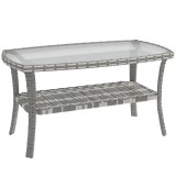 Outsunny Masă de grădină exterioară dreptunghiulară din ratan cu raft blat din sticlă securizată cu model ondulat 90x50x45 cm Gri &icirc;nchis | Aosom Roman