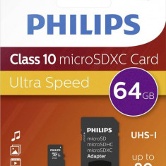 Card de memorie Micro SDXC Philips FM64MP45B/00, 64GB, cu adaptor SD, Clasa 10