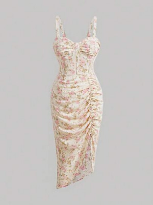 Rochie midi cu slit, stil corset si imprimeu floral, alb foto