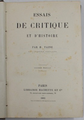 ESSAIS DE CRITIQUE ET D &amp;#039; HISTOIRE par H. TAINE , 1892 foto