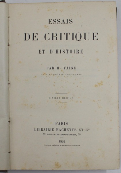 ESSAIS DE CRITIQUE ET D &#039; HISTOIRE par H. TAINE , 1892