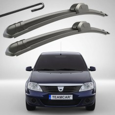 Set 2 Ștergătoare Parbriz Flat Dedicate Dacia Logan 1 (2004-2012), Prindere Hook (C&acirc;rlig)