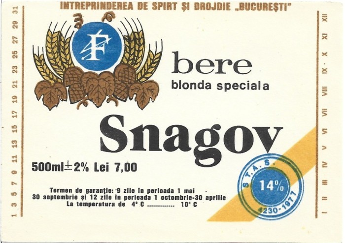 NI451 Etichetă bere blondă specială Snagov, &Icirc;ntreprinderea de spirt și drojdie București