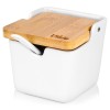 Recipient pentru zahar, sare sau alte condimente cu lingurita si capac din bambus, capacitate 250 ml, culoare alb