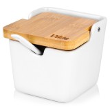 Recipient pentru zahar, sare sau alte condimente cu lingurita si capac din bambus, capacitate 250 ml, culoare alb