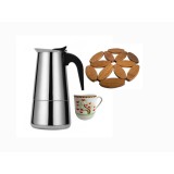 Espressor Cafea Aragaz Inox 300ml cu Cana si Suport Lemn - Moka Pot Cafetiera