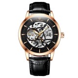 Ceas barbati Tevise Automatic Analog Elegant Negru Auriu Piele