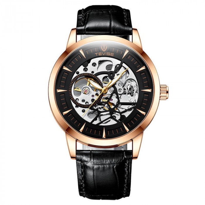 Ceas barbati Tevise Automatic Analog Elegant Negru Auriu Piele