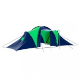 Cort Camping 9 Persoane vidaXL Albastru Verde, 590x400x185cm, 3 Camere, Poliester, Impermeabil, Plasa Tantari