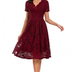 Rochie eleganta din dantela cu decolteu in V, lungime midi, maneca scurta, ideala pentru petreceri, nunta, bal, culoare rosu bordo, marimea L