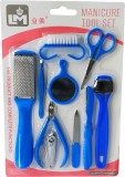 Set de accesorii pentru manichiură: oglindă, foarfece, rază, pilă, aparat de ras, albastru