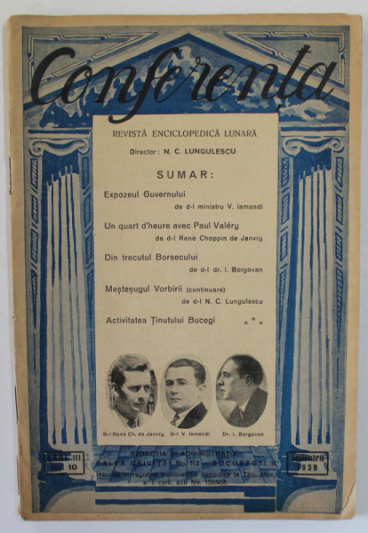 CONFERENTA , REVISTA ENCICLOPEDICA LUNARA , ANUL III , NR. 10 , SEPTEMBRIE , 1939