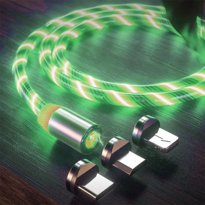 Cablu de Incarcare Magnetic USB la Type-C, Micro-USB, Lightning 1m - Techsuit LED Flowing - Green foto