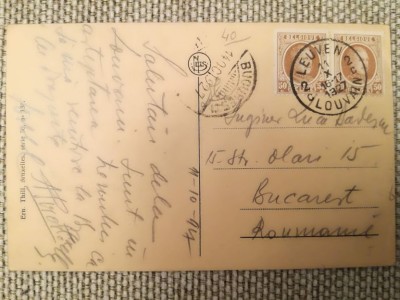 CP 1927, Louvain-Bucarest, către ing. Luca Davidescu, Str. Olari, 15, București foto