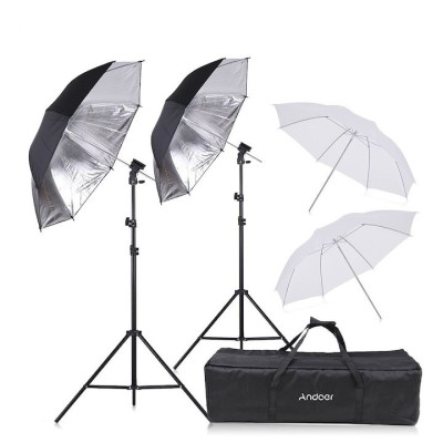 Kit de 4 umbrele, 2 albe, 2 negre 2 trepiezi reglabili 200 cm, 2 suporti pentru blitz, geanta de transport inclusa foto