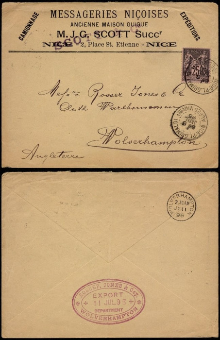 France 1895 Cover Postal stationery Nice to Wolverhampton UK D.562
