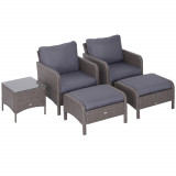 Cumpara ieftin Outsunny Set Mobilier de Grădină din Ratan 5 Piese, 2 Fotolii, 2 Pouf, Măsuță de Cafea cu Sticlă, Perne Decorative, Gri | Aosom Romania