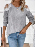 Bluza din tricot cu aplicatii dantela si maneca lunga, gri, dama, Shein