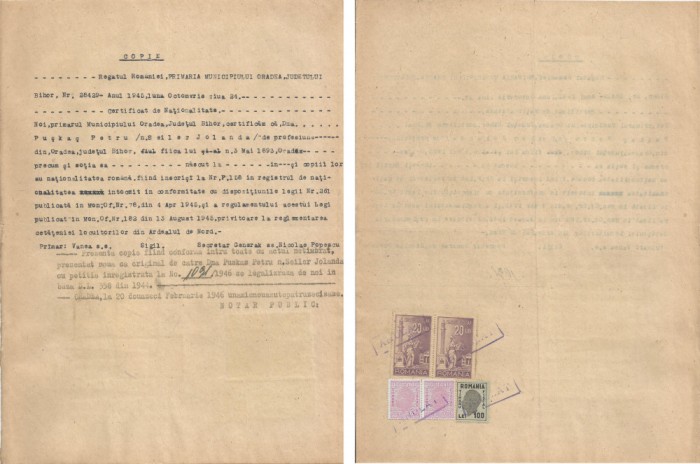 Romania, Primaria Oradea, certificat de nationalitate, copie fiscalizata, 1946
