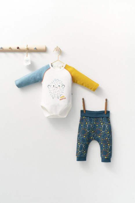 Set cu pantalonasi si body cu maneca lunga pentru bebelusi Monster, Tongs baby (Marime: 18-24 Luni, Culoare: Turcoaz)