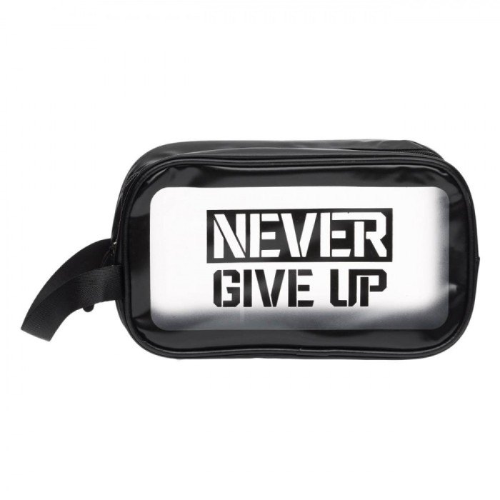 Geantă Cosmetice Never Give Up, Dimensiuni 24x9x15 cm, Culori Transparent Negru